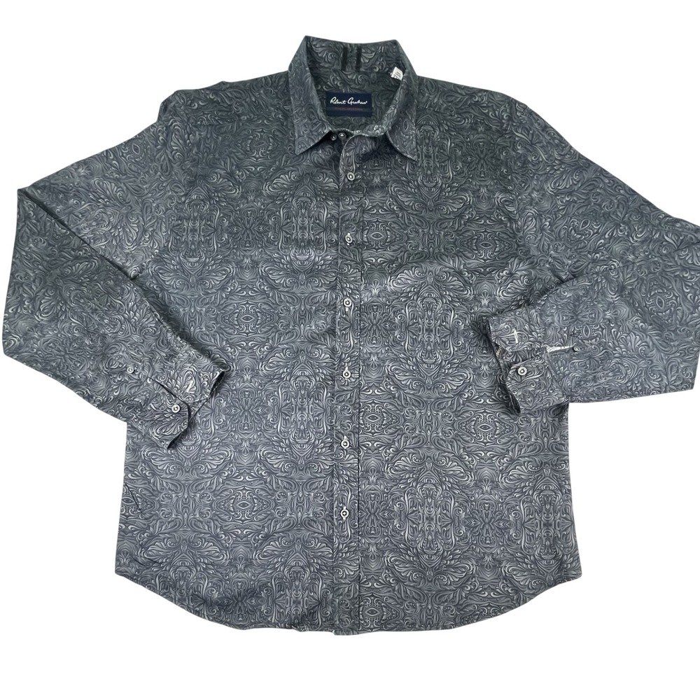 Robert Graham Button Shirt Mens 2XL Grey Modern Tailored Fit Damask Print Casual